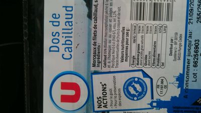 Dos de Cabillaud Gadus macrocepahlus, pêché en Océan Pacifique,2 pièces, barquette 200g