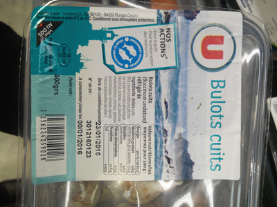 Bulots cuits, Buccinum undatum, pêchés en Atlantique Nord-Est, barquette de 400g