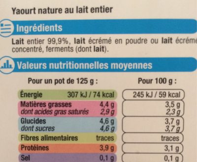 Yaourt nature au lait entier pot en verre 4x125g