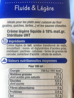 Crème UHT liquide 18%MG - Brique 1L