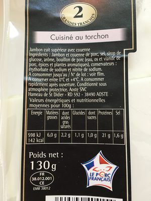 Jambon cuit au torchon avec couenne, 2 tranches Aoste