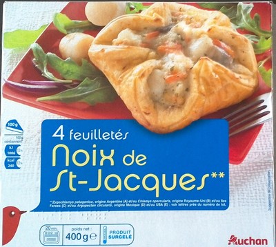 4 Feuilletés aux Noix de Saint Jacques*Pâte pur beurre* Zygochlamys patagonica, origine Argentine (A) et/ou Chlamys opercularis, origine Royaume-Uni (B) et/ou Iles Feroes (C) : voir lettres près du nu