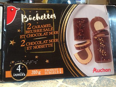 Bûchettes2 chocolat noir, noisette2 caramel au beurre salé, chocolat noirCrèmes glacées